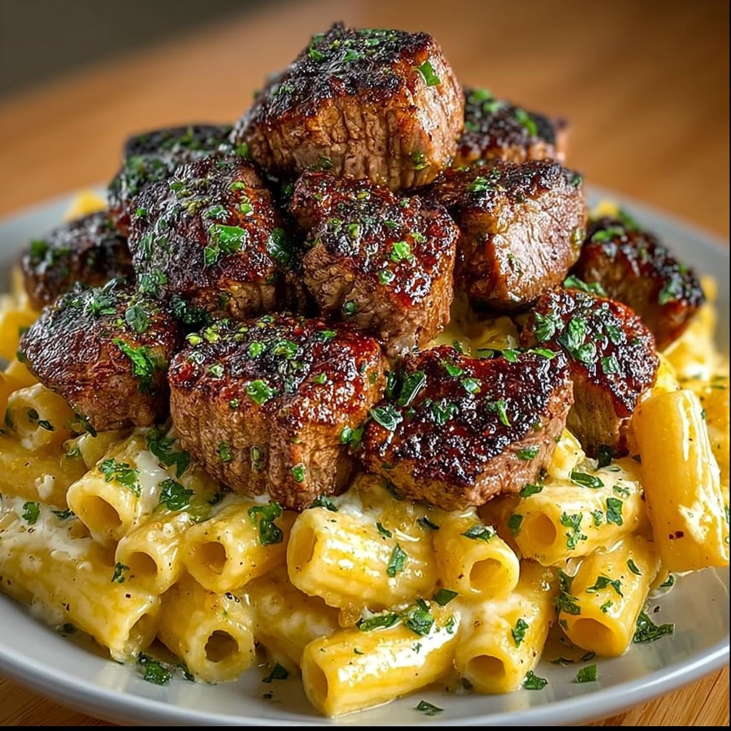 Garlic Butter Steak Bites Over Creamy Pepper Jack Penne