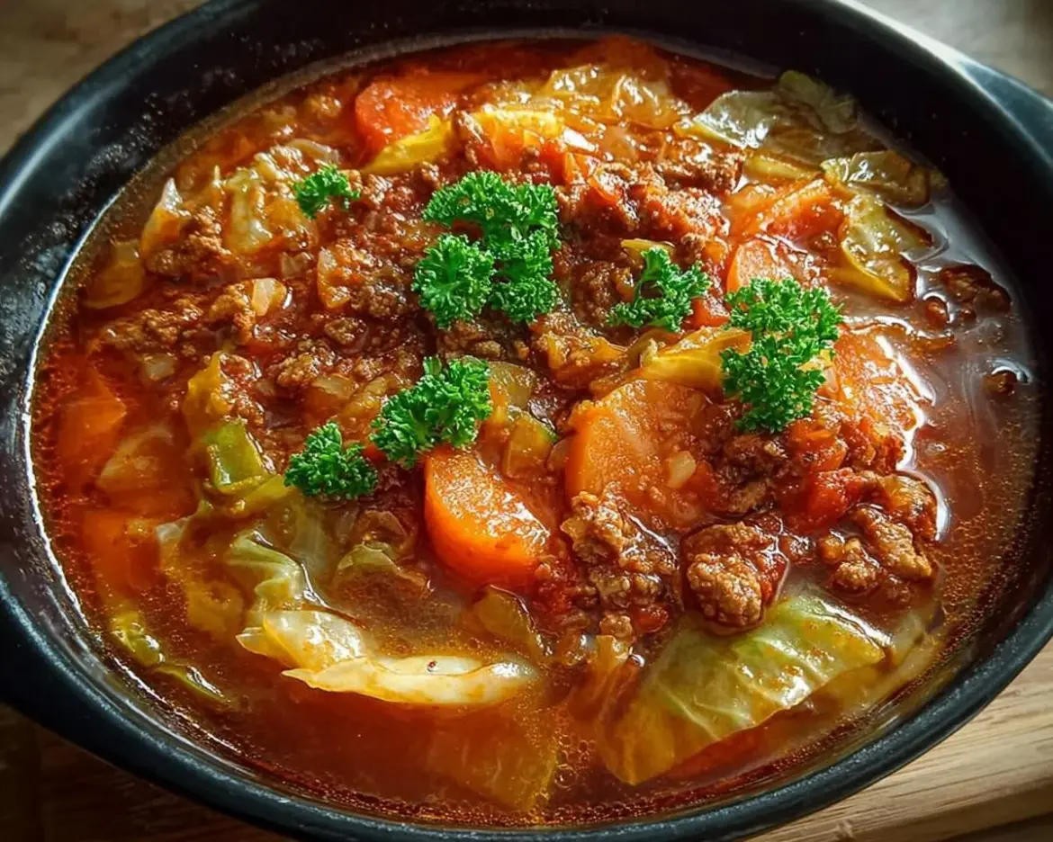Bowl of warm cabbage roll soup with vegetables and sausage