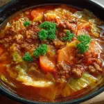Bowl of warm cabbage roll soup with vegetables and sausage