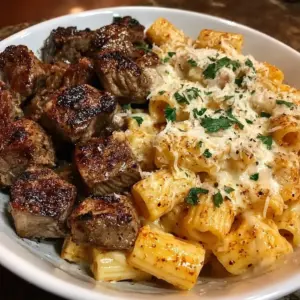 Cajun Beef Tips served with Cheesy Rigatoni Parmesan Sauce in a bowl