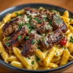 Cajun Steak Penne topped with Ranch Honey Cheese Sauce in a bowl
