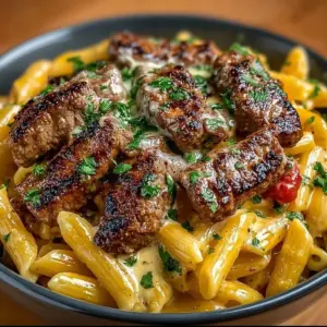 Cajun Steak Penne topped with Ranch Honey Cheese Sauce in a bowl