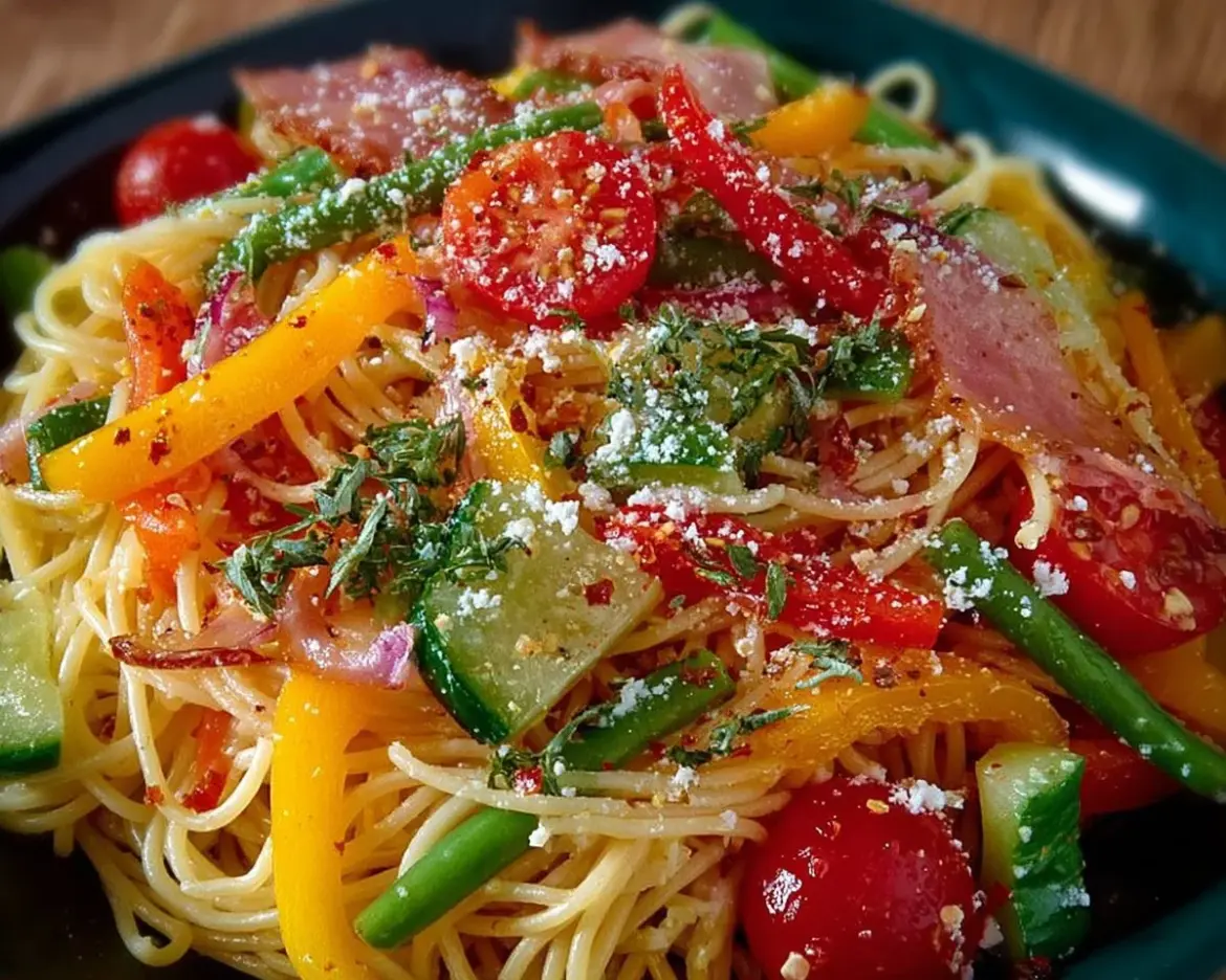 Colorful California Spaghetti Salad with fresh vegetables and dressing