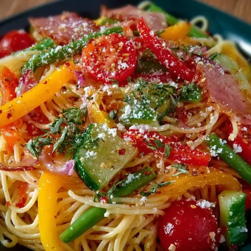 Colorful California Spaghetti Salad with fresh vegetables and dressing