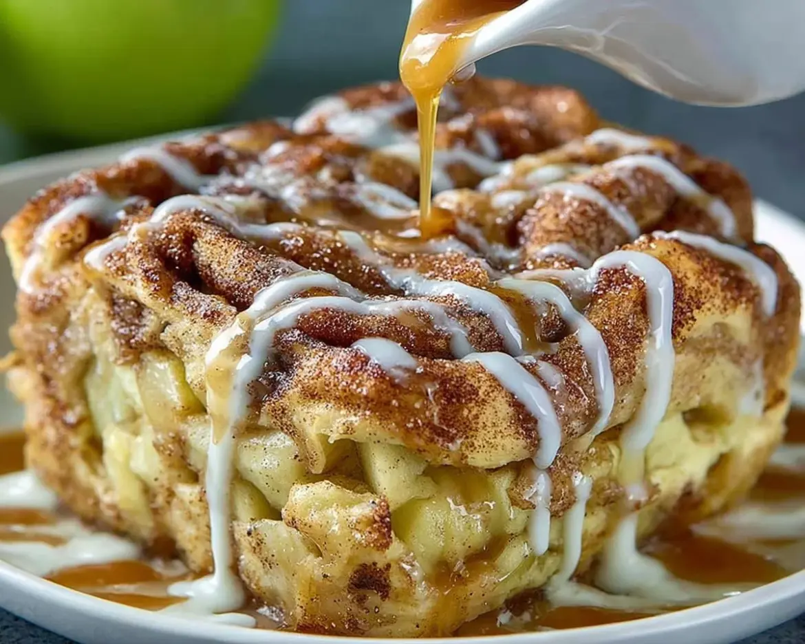 Delicious caramel apple cinnamon roll lasagna dessert on a plate