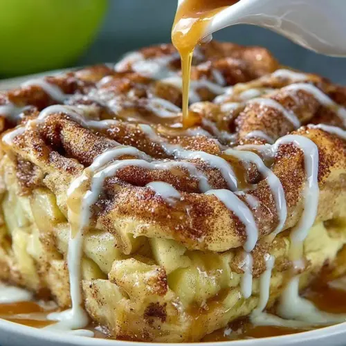Delicious caramel apple cinnamon roll lasagna dessert on a plate