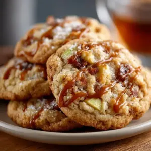 Freshly baked Caramel Apple Cookies with drizzled caramel on top