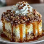 Delicious Caramel Butter Pecan Praline Poke Cake topped with pecans and caramel sauce.
