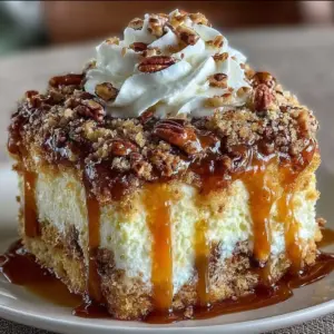 Delicious Caramel Butter Pecan Praline Poke Cake topped with pecans and caramel sauce.