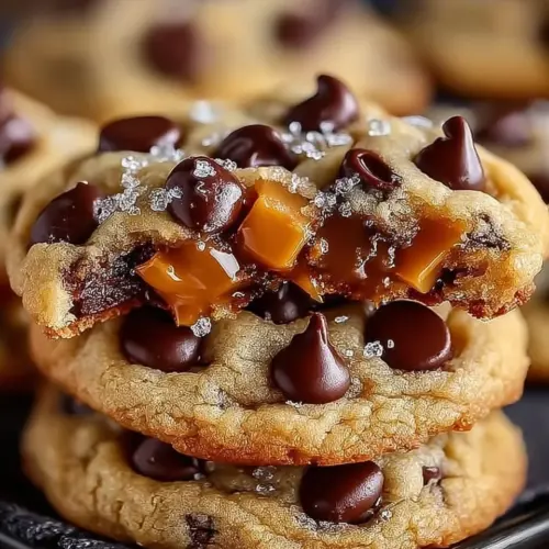Freshly baked Caramel Chocolate Chip Cookies with melted chocolate and caramel drizzle