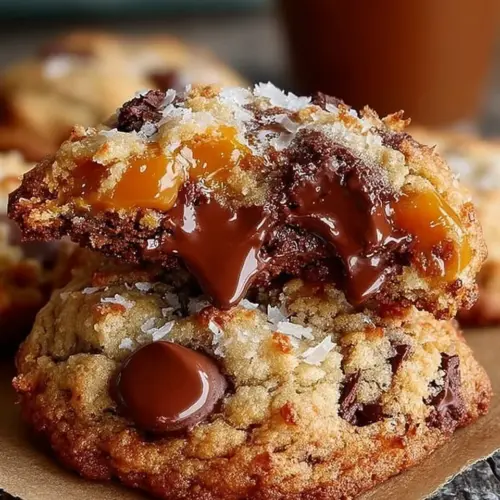 Delicious Caramel Coconut Chocolate Cookies on a plate