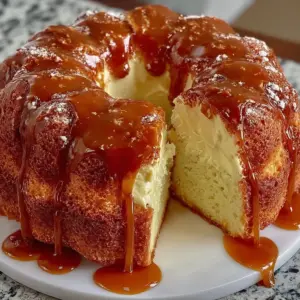 Caramel Cream Cheese Pound Cake with a rich creamy topping
