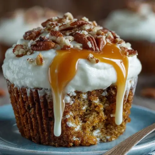 Delicious caramel pecan carrot cupcakes topped with a rich frosting.