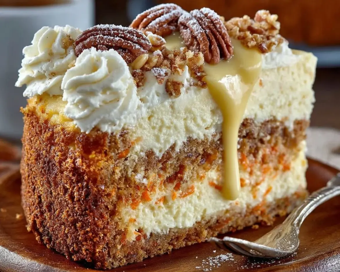 Delicious carrot cake cheesecake topped with cream cheese frosting and carrots