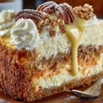 Delicious carrot cake cheesecake topped with cream cheese frosting and carrots