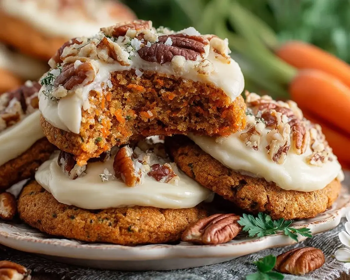 Delicious carrot cake cookies with creamy cheese frosting on a white plate.