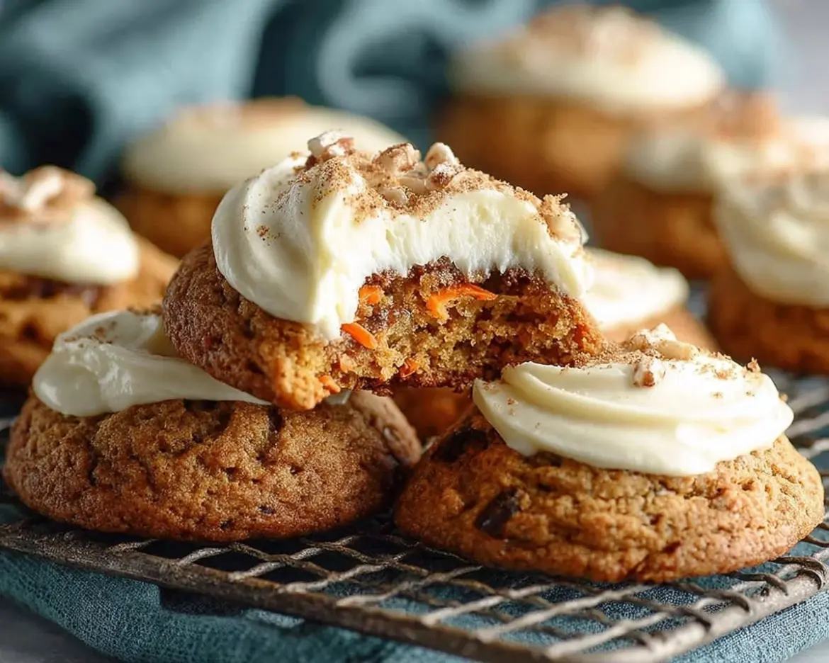 Carrot cake cookies with cream cheese frosting on a decorative plate