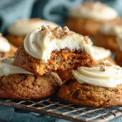 Carrot cake cookies with cream cheese frosting on a decorative plate