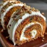 Delicious Carrot Cake Roll filled with Cream Cheese Frosting on a plate