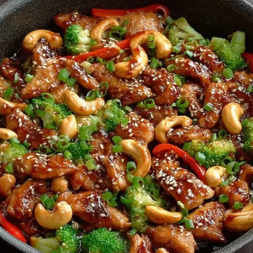 Delicious cashew chicken stir-fry with vibrant vegetables and aromatic spices