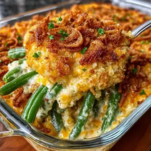 Cheddar Bay Green Bean Casserole topped with cheddar and crispy breadcrumbs