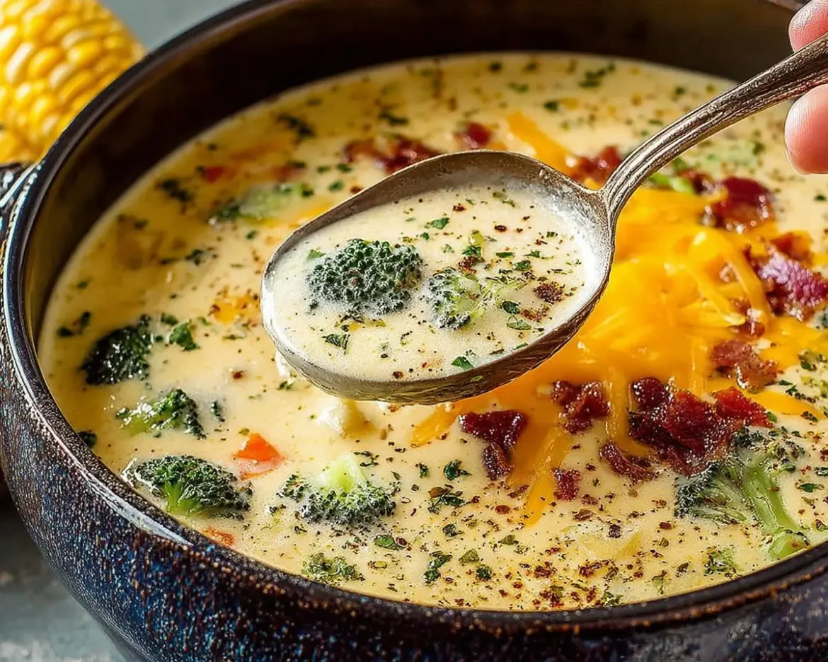 Delicious bowl of Cheddar Broccoli Potato Soup topped with cheese and herbs