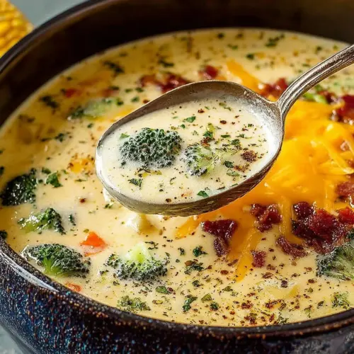Delicious bowl of Cheddar Broccoli Potato Soup topped with cheese and herbs