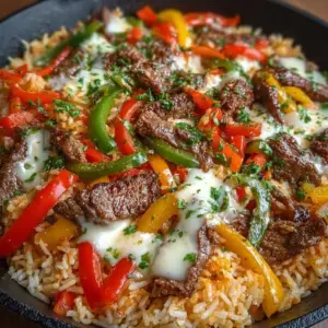 Delicious Cheese Steak Fajita Skillet with steak, peppers, and onions