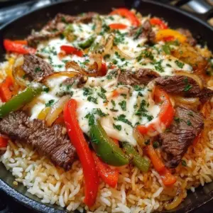 Cheese steak fajita skillet with vegetables over Mexican rice