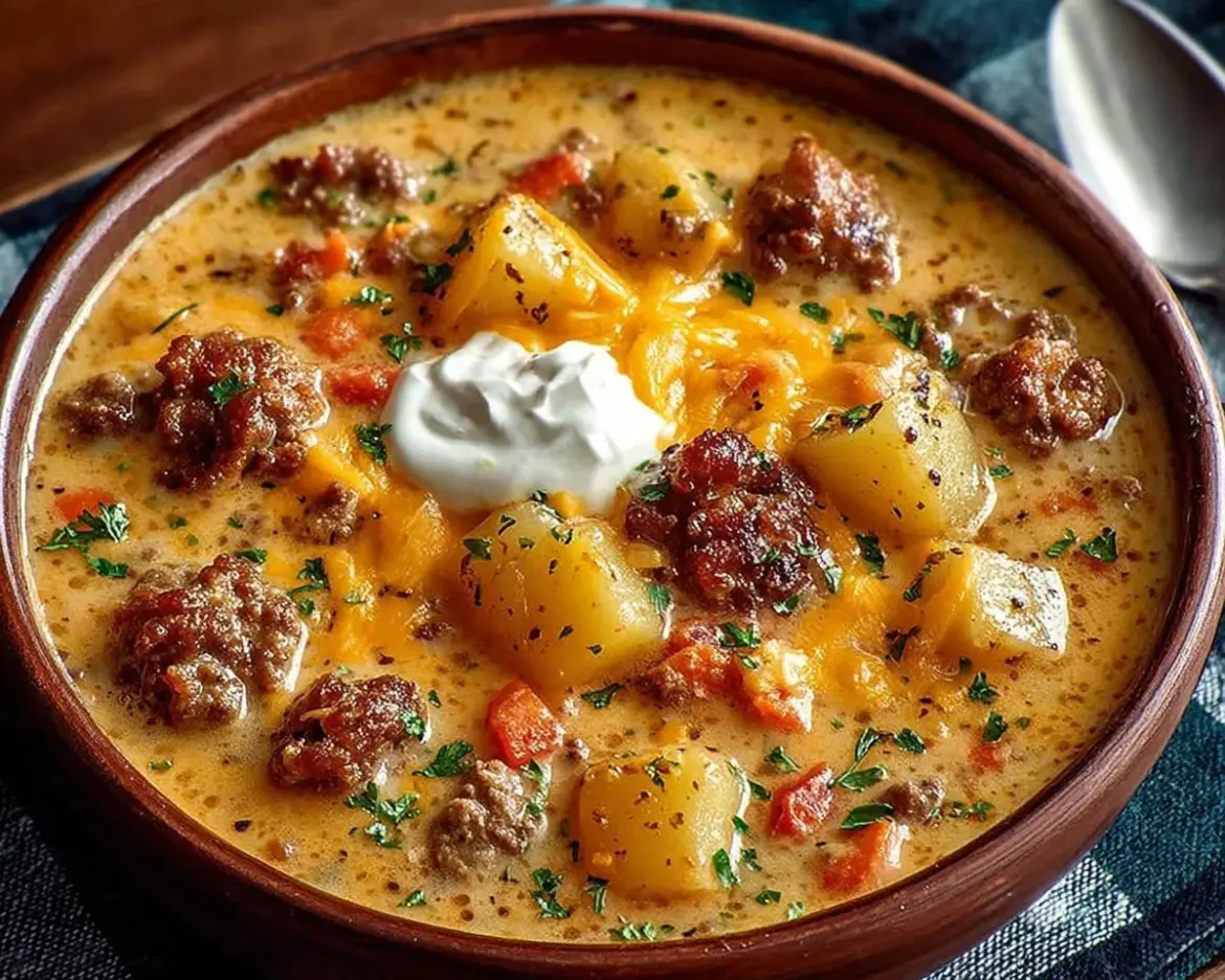 Delicious bowl of cheeseburger soup topped with cheese and croutons