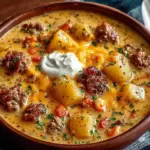 Delicious bowl of cheeseburger soup topped with cheese and croutons