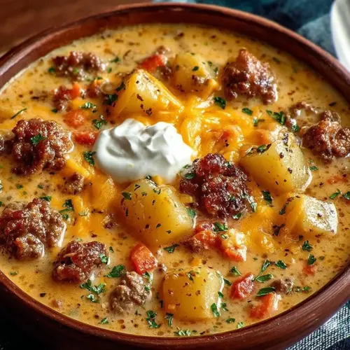 Delicious bowl of cheeseburger soup topped with cheese and croutons