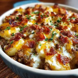 Delicious Cheesy Bacon Beef Potato Bake served in a casserole dish