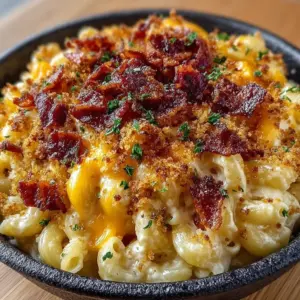Creamy Cheesy Bacon Mac & Cheese bowl topped with crispy bacon.