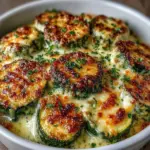 Cheesy baked zucchini dish topped with melted cheese and herbs