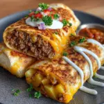 Cheesy beef and potato burritos drizzled with nacho sauce ready to enjoy