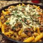 Cheesy beef stroganoff penne served in creamy Velveeta sauce