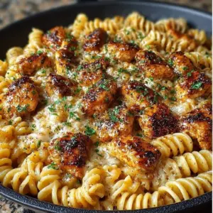 Cheesy Cajun Garlic Chicken Rotini Skillet with vibrant vegetables and pasta