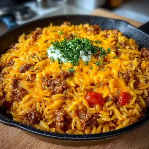 Cheesy cheeseburger orzo skillet dish with toppings in a pan