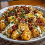 Cheesy Chicken Bacon Ranch Tater Tot Casserole served in a dish