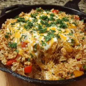 Cheesy chicken fajita rice skillet with colorful peppers and melted cheese