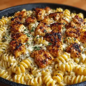 Cheesy chicken pasta skillet with melted cheese and fresh herbs