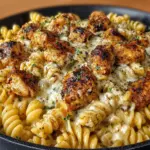 Cheesy chicken rotini skillet topped with melted cheese and herbs