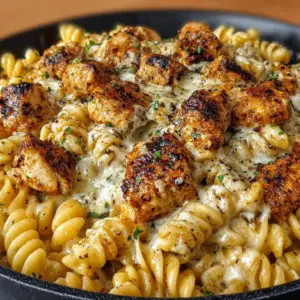 Cheesy chicken rotini skillet topped with melted cheese and herbs