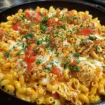 Cheesy Chicken Taco Pasta Skillet with colorful ingredients in a pan