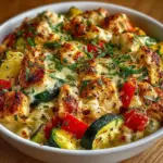 Cheesy chicken zucchini bake topped with melted cheese and herbs