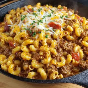 Cheesy Chili Mac Skillet with melted cheese and spices in a skillet.