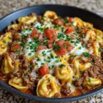 Delicious Cheesy Enchilada Beef Tortellini Skillet topped with melted cheese