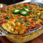 Cheesy Fiesta Corn Casserole topped with cheese and spices.