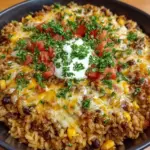 Cheesy Fiesta Taco Rice topped with cheese and fresh vegetables